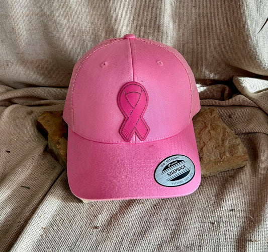Breast cancer ribbon leatherette patch hat